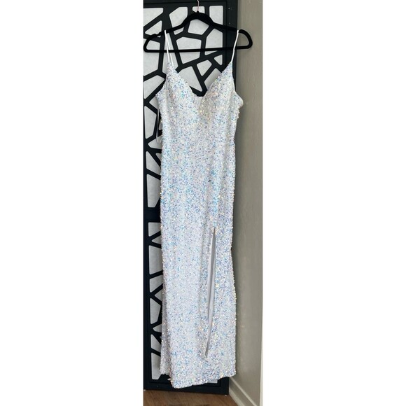Blingy open slit sexy long sequined white dress. Size 11-12 - Picture 1 of 8